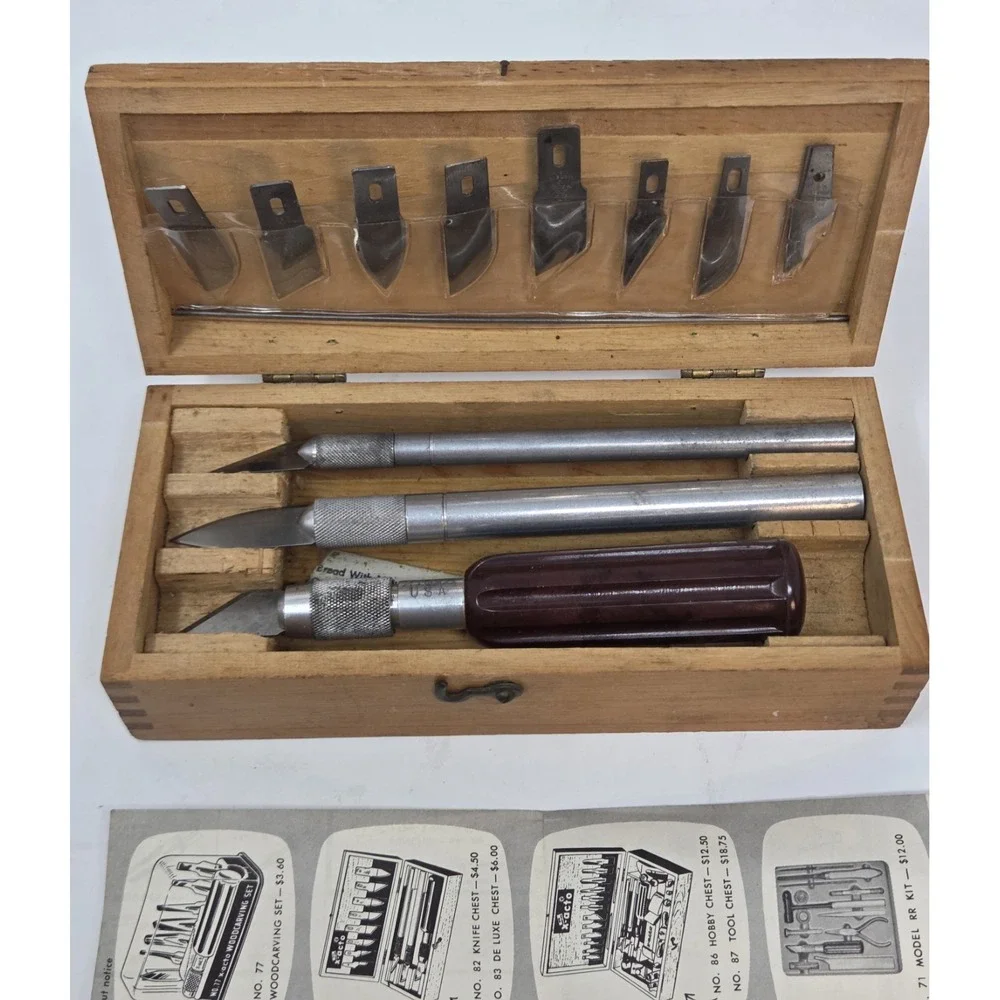 Vintage 1950s X-Acto Knife Set Wood Box USA Handle & Blades